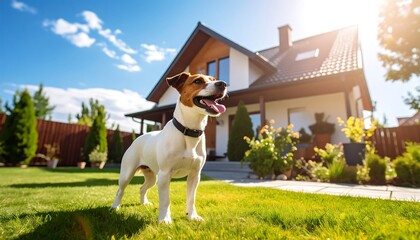 Dog in front of modern house