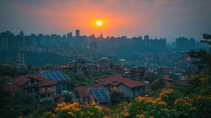 Obraz premium Sunset over a city nestled in hills