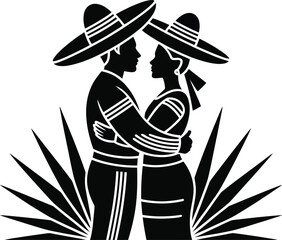 Couple in sombreros embracing with agave plants