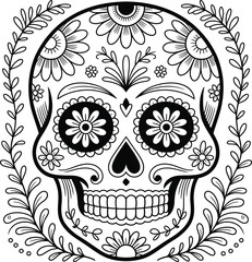 Intricate black and white sugar skull decorated with flowers and leaves