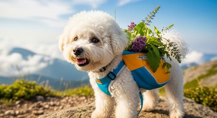 Hiking Pup with Backpack - Adorable fluffy white dog, wearing a backpack filled with wildflowers, enjoying a mountain hike. Symbolizes adventure, companionship, nature, freedom, and joy