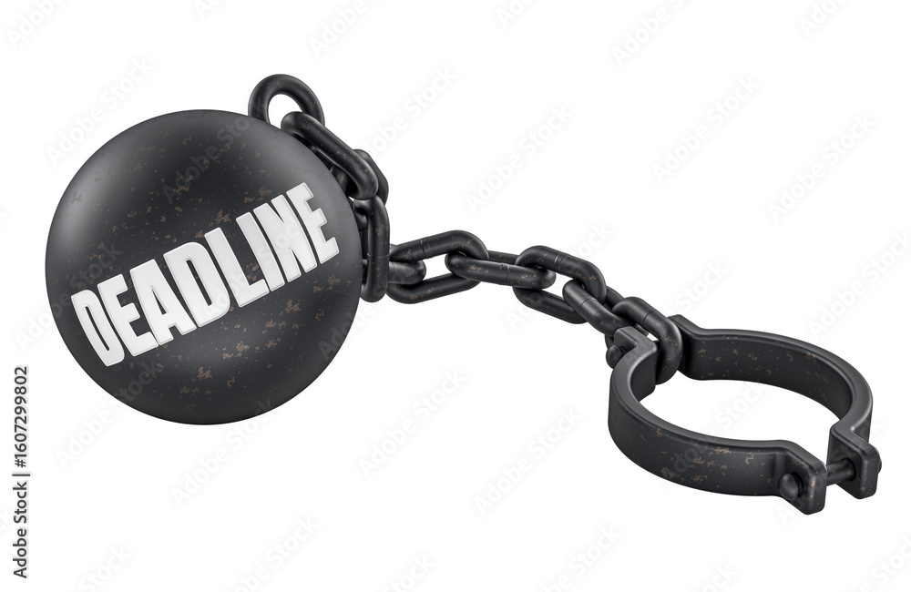Poster deadline concept with ball and chain shackle. 3d rendering
