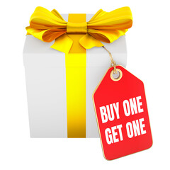 Buy one get one, gift box with tag. 3D rendering