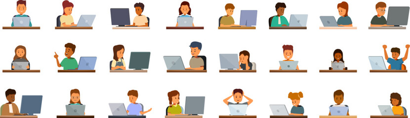 Kids learning programming icons set. Children using computers, studying and working from home, learning online and attending online classes