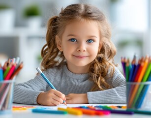 A cute little girl is drawing on paper with crayons. She has long brown hair and is wearing colorful in the white room.