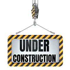 Under Construction sign on crane hook. 3D rendering