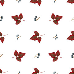 Seamless pattern of watercolor red autumn leaves and dark berries on a transparent background. Perfect for seasonal designs, fabric prints, wrapping paper, invitations, scrapbooking, digital projects