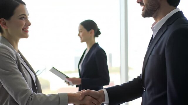 Formal Handshake Between Woman in Gray Blazer and Man in Dark Suit With Bright Window in Background
