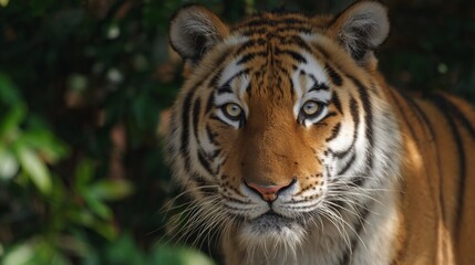 Obraz premium Majestic tiger with striking orange and black stripes gazes intently at the viewer, surrounded by lush green foliage, showcasing the beauty of wildlife in its natural habitat