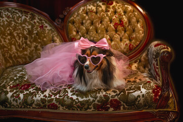 A Shetland Sheepdog (Sheltie) sits elegantly on a vintage Victorian-style couch, wearing a soft...