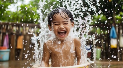 Obraz premium Joyful Asian boy playing in water, splashing and smiling with pure delight.