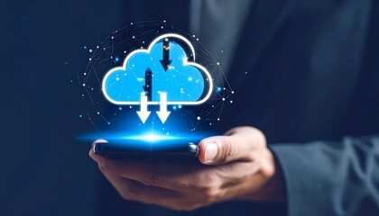A businessman holds a phone displaying a holographic cloud data transfer graphic
