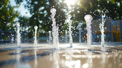 A splash of fun with playful water jets in a sunny park setting.