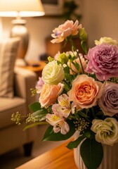 Fototapeta premium Lovely Pastel Flower Arrangement - Soft pastel roses, lisianthus, and alstroemeria create a beautiful and delicate floral bouquet. Perfect for home decor or gifting