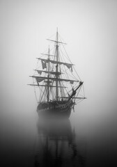 Obraz premium Majestic Ship in Fog - A large sailing ship is shrouded in a thick fog on a calm sea, creating a mysterious and atmospheric scene