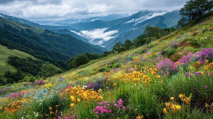 Fototapeta premium Colorful wildflowers bloom on a mountain slope