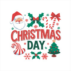 Christmas Day Typography Design with Santa and Snowflakes,Festive Christmas Day Vector with Holiday Icons,Merry Christmas Day Greeting with Candy Cane and Santa Hat,Bold Christmas Day Text with Season