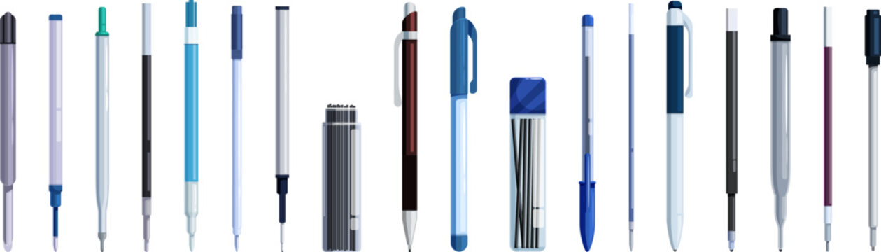 Pen refills icons set. Various ballpoint pens and refills, offering a range of writing and drawing tools for different purposes