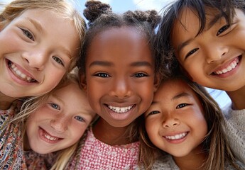 A group of children hugging each other, smiling and looking down at the camera