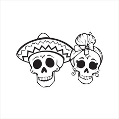 Traditional Skull Characters with Sombrero and Hair Bun,Simple Black and White Dia de los Muertos Skull Design,Male and Female Sugar Skull Icons in Mexican Style,Flat Vector Skull Couple for Cultural 