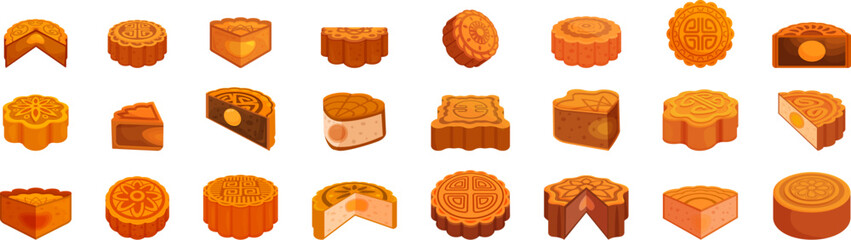 Mooncake icons set. Various mooncakes showing different shapes and fillings, celebrating the mid autumn festival tradition