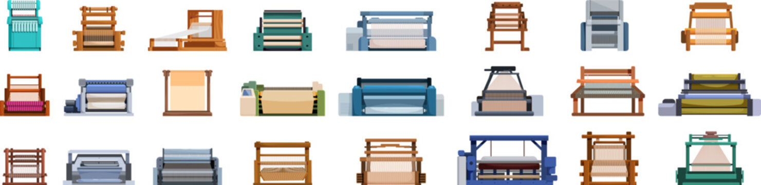 Weaving machine icons set. Different types of weaving looms are shown, highlighting the evolution and variety of these essential textile machines