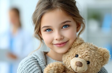 Cute girl holding a teddy bear while a doctor is in the background, with a blurred white clinic room in the background