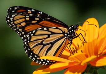 Naklejka premium Monarch Butterfly on Orange Flower - Close-up of a monarch butterfly with its wings spread, delicately perched on a vibrant orange flower