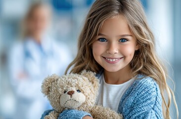 Cute girl holding a teddy bear while a doctor is in the background, with a blurred white clinic room in the background