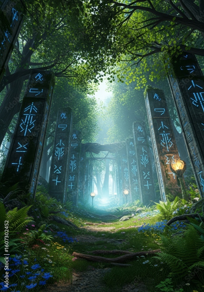 Poster mystical forest pathway - a serene path winds through an enchanted forest, ancient columns etched wi