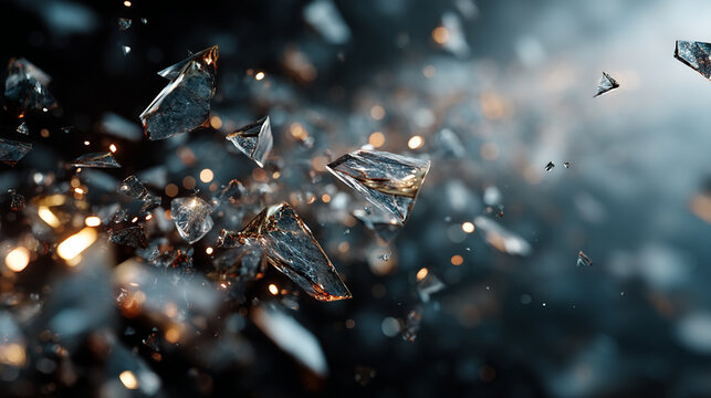 Glass shards float in abstract space. Use for background, web, design, marketing.