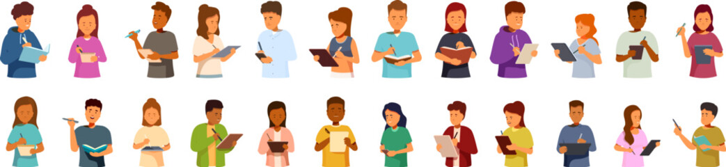 Students taking notes icons set. Diverse group of students writing and taking notes, focused on their studies and academic work