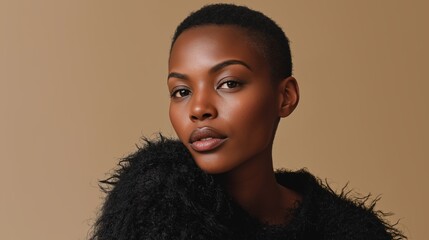 Editorial shot of a confident woman in black textured jacket on beige background, looking direct