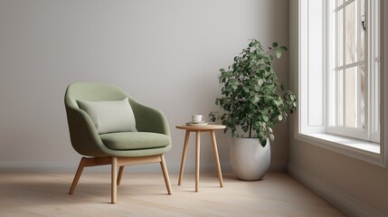 Minimalist reading nook with green velvet armchair and ficus plant in soft window light