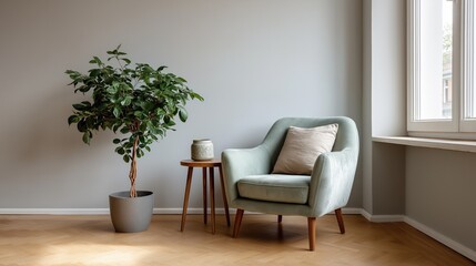 Scandi-inspired reading nook with green velvet armchair, window light and potted tree