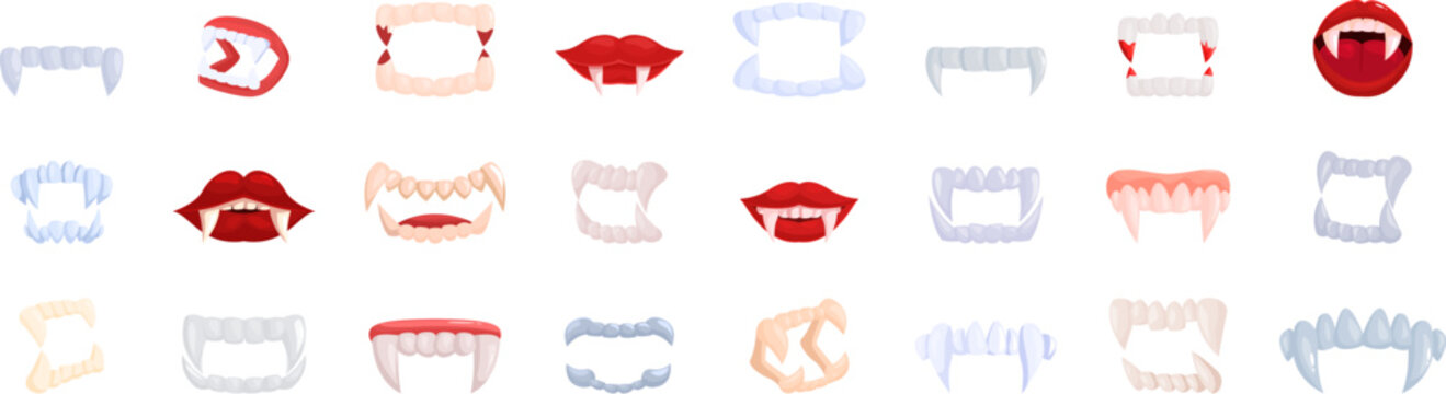 Fake vampire teeth icons set. Set of vampire fangs and lips showing teeth baring for halloween costume party