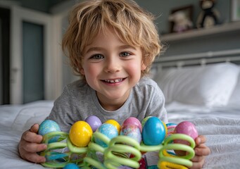 A young boy playing with an educational toy, laughing and having fun in his bedroom at home
