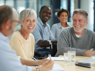 Fototapeta premium Dynamic Teamwork: Diverse Group of Smiling Adults in Professional Office Setting Collaborating and Communicating with Senior Leaders