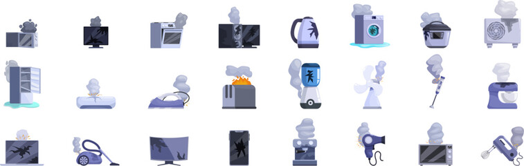 Broken appliances icons set. Smoke emitting from various broken home appliances, indicating malfunction, electrical issues, and potential fire hazards