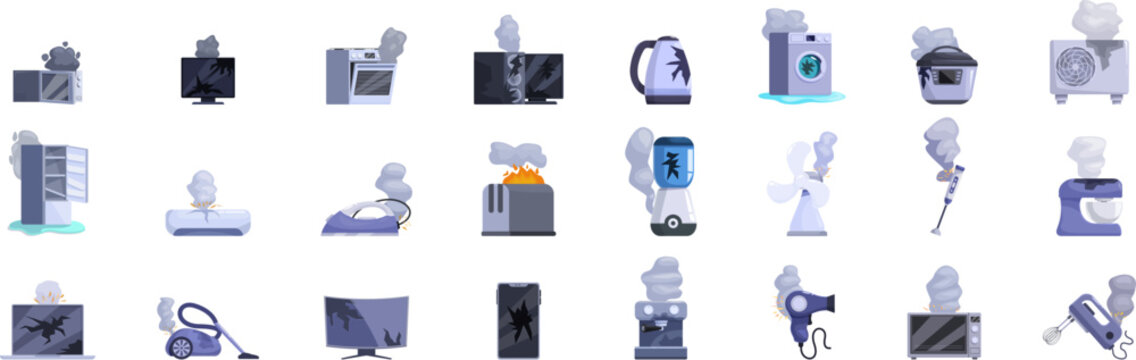 Broken appliances icons set. Smoke emitting from various broken home appliances, indicating malfunction, electrical issues, and potential fire hazards