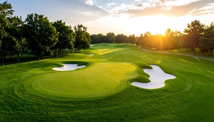 Aerial view of a golf course at sunset. Lush green fairways and greens with sand bunkers