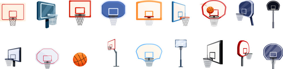 Basketball hoop icons set. Collection of basketball hoops and ball presenting various designs, colors, and perspectives, ideal for sports related projects