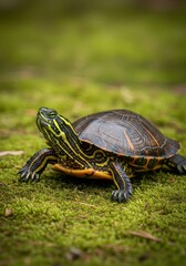 Fototapeta premium Painted Turtle Basking on Moss - A painted turtle basks in the sun on a bed of vibrant green moss. It symbolizes nature, peace, resilience, slow living, and wildlife