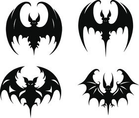 Gothic bat silhouette collection, unique flying bat icons for Halloween, spooky vector set