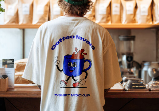 Coffee Shop T-Shirt Mockup with Back View of Person