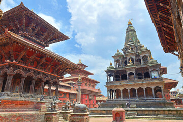 Historic temples of Patan Durbar Square, Nepal, showcasing Newar architecture, stone sculptures, and centuries-old Hindu shrines. A UNESCO World Heritage Site and cultural landmark.