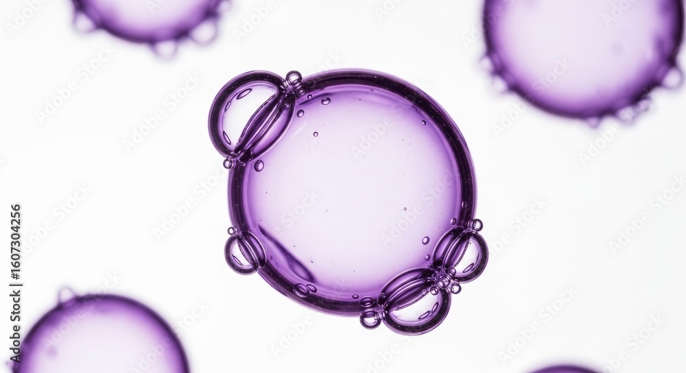 Poster purple liquid bubbles abstract - close-up of translucent purple bubbles floating in a liquid, creati