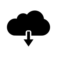 Flat icon of cloud with downward arrow for file download in silhouette design
