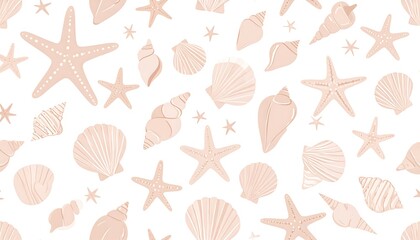Fototapeta premium Seamless pattern of light peach seashells and starfish