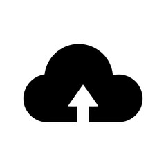 Flat cloud icon for upload shown with upward arrow in silhouette style